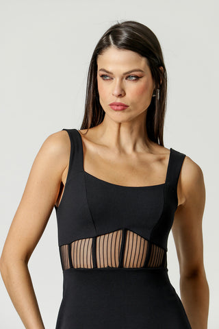 Vestido Midi Com Transparência - PRETO