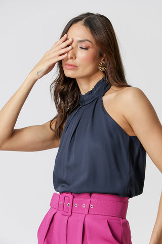 Blusa con cuello plisado - AZUL MARINO