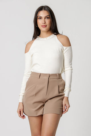 Blusa de corte recto con cuello perlado - BLANCO ROJO