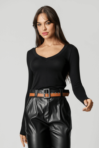 Blusa de manga larga con cuello en V - NEGRA